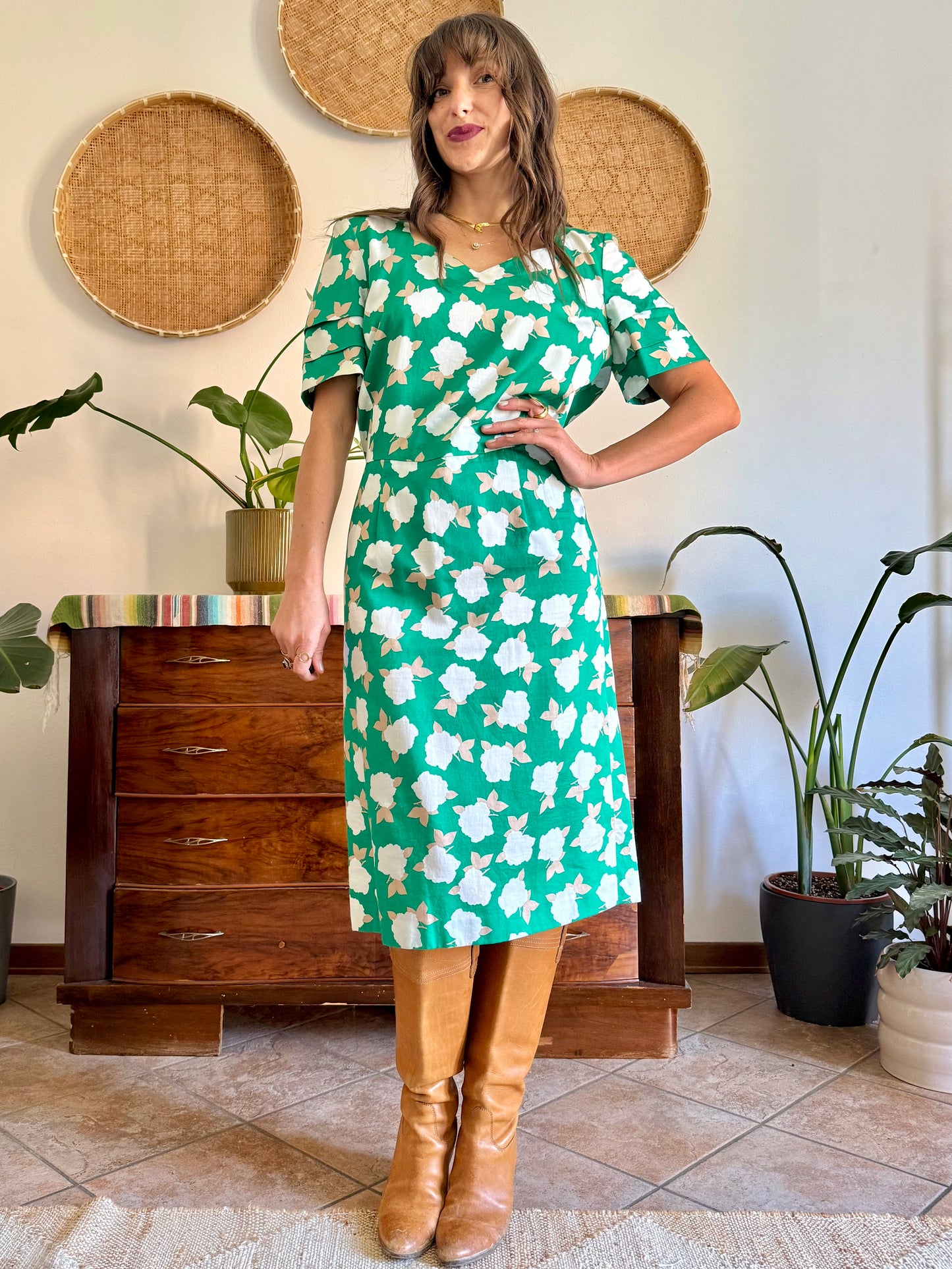 1960's vintage green, cream and beige floral print midi dress