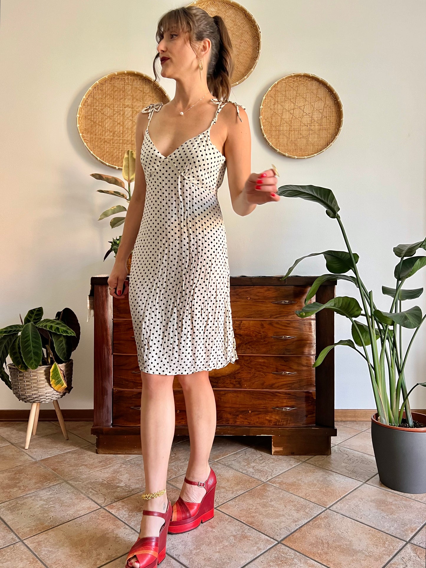 1990's vintage cream midi sun dress with black polkadots
