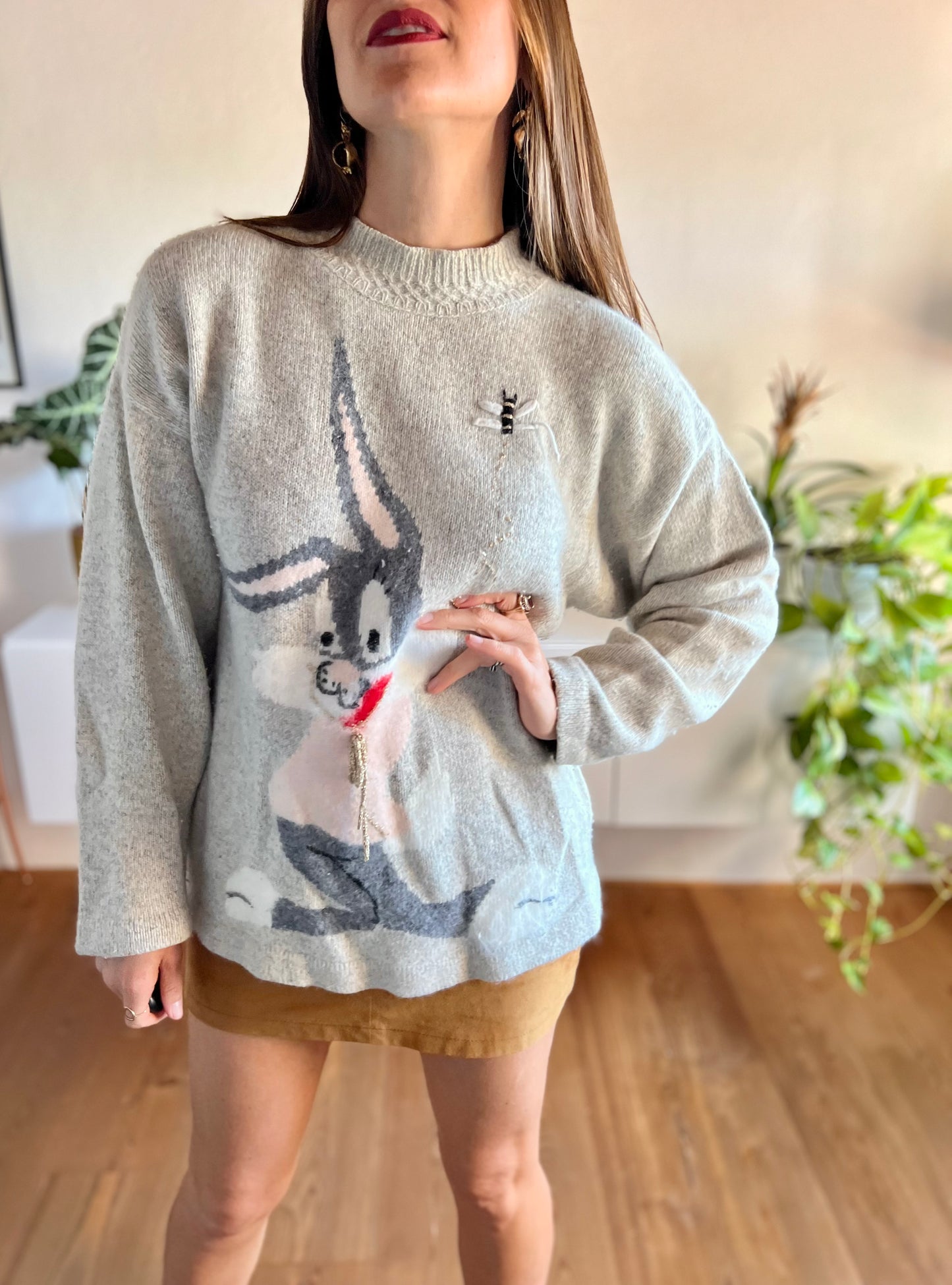 1980's vintage angora blend grey pullover with bunny rabbit