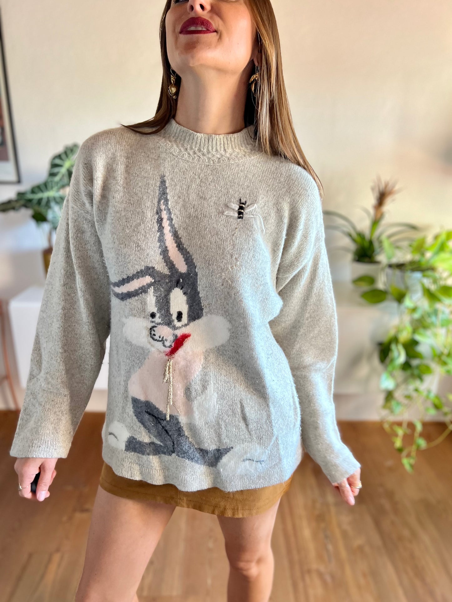 1980's vintage angora blend grey pullover with bunny rabbit