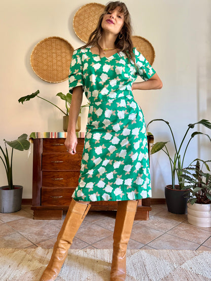 1960's vintage green, cream and beige floral print midi dress
