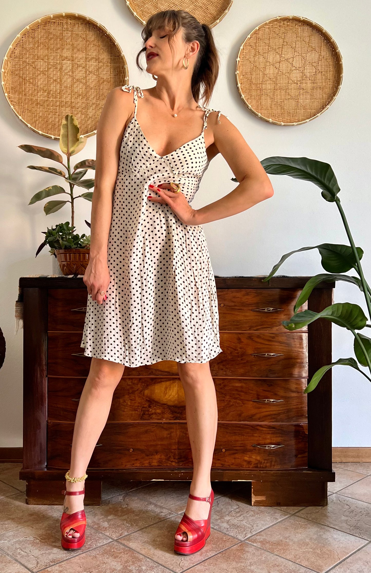 1990's vintage cream midi sun dress with black polkadots