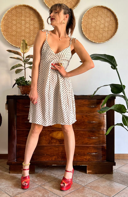 1990's vintage cream midi sun dress with black polkadots