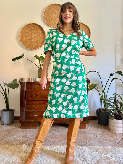 1960's vintage green, cream and beige floral print midi dress