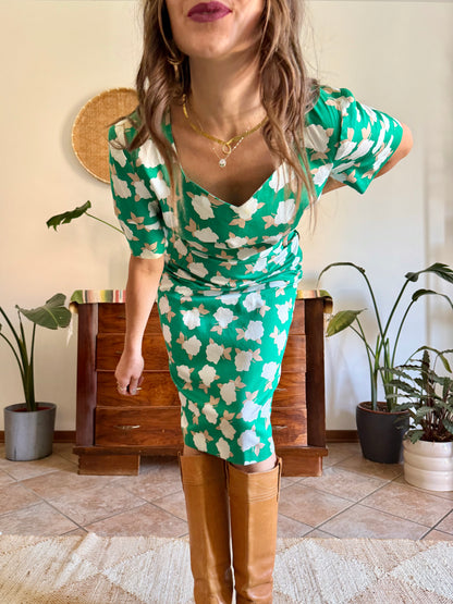 1960's vintage green, cream and beige floral print midi dress