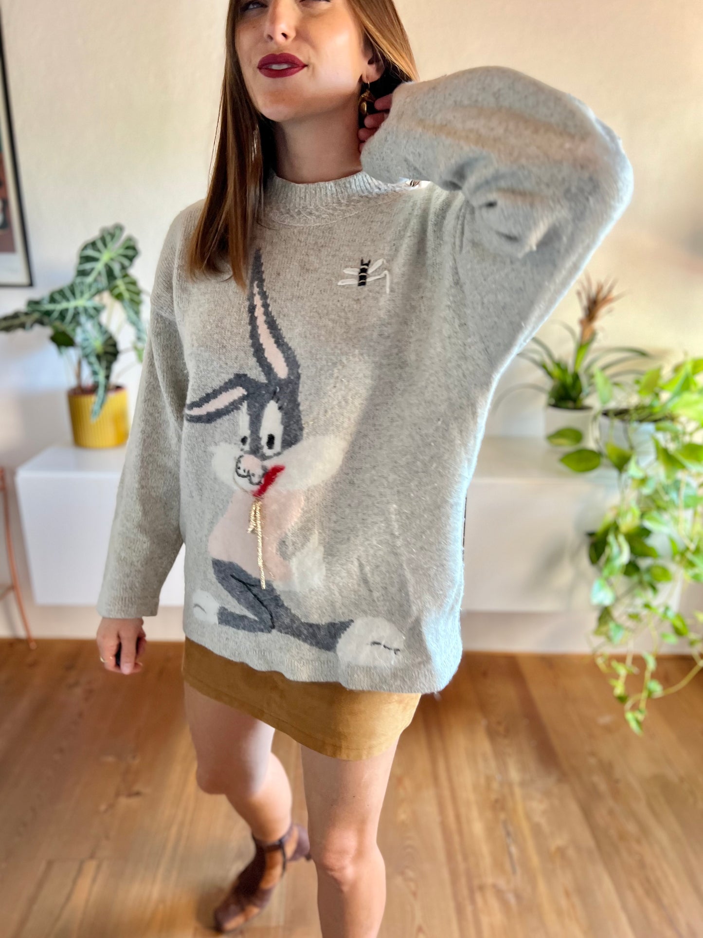 1980's vintage angora blend grey pullover with bunny rabbit