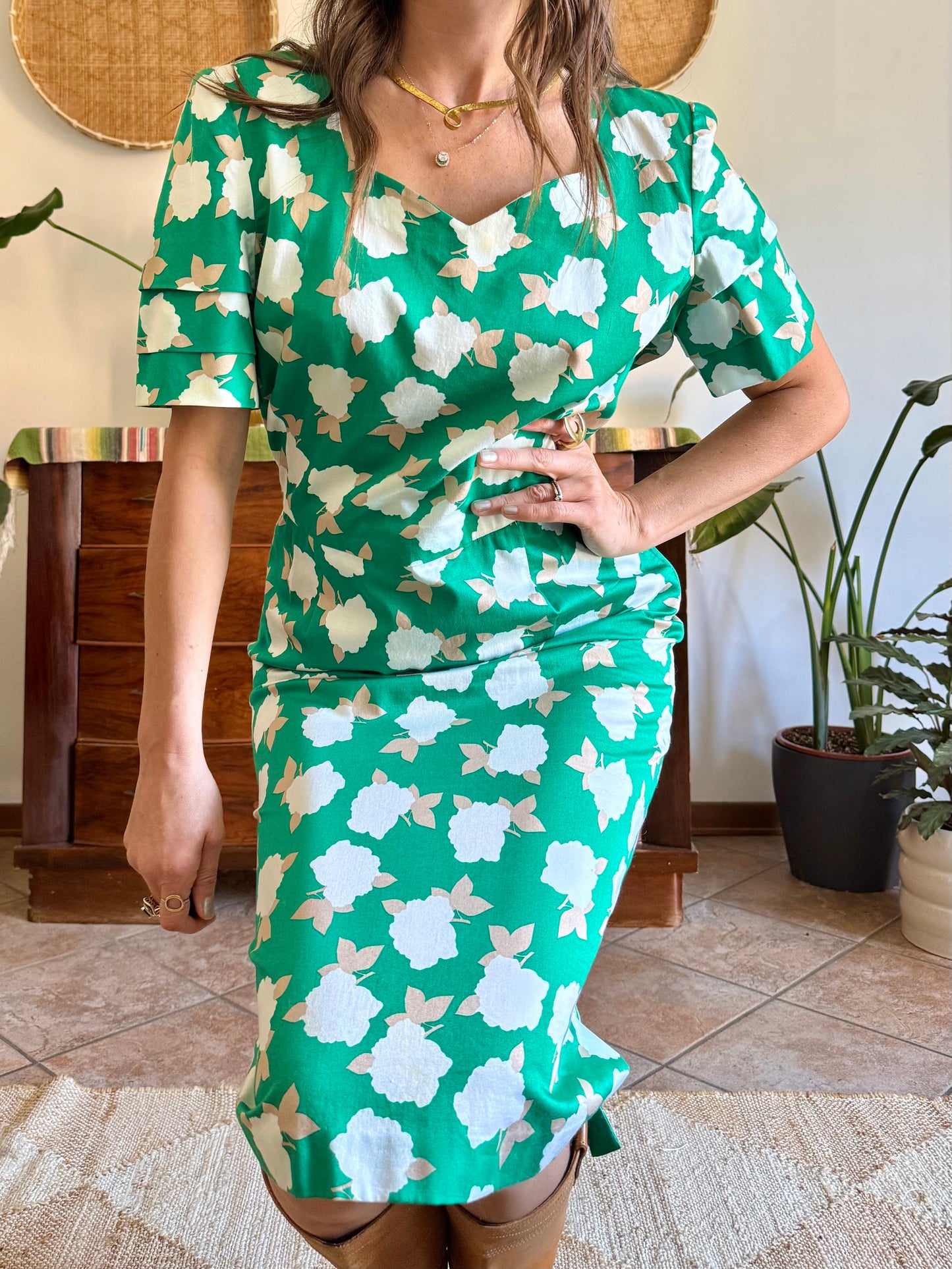 1960's vintage green, cream and beige floral print midi dress