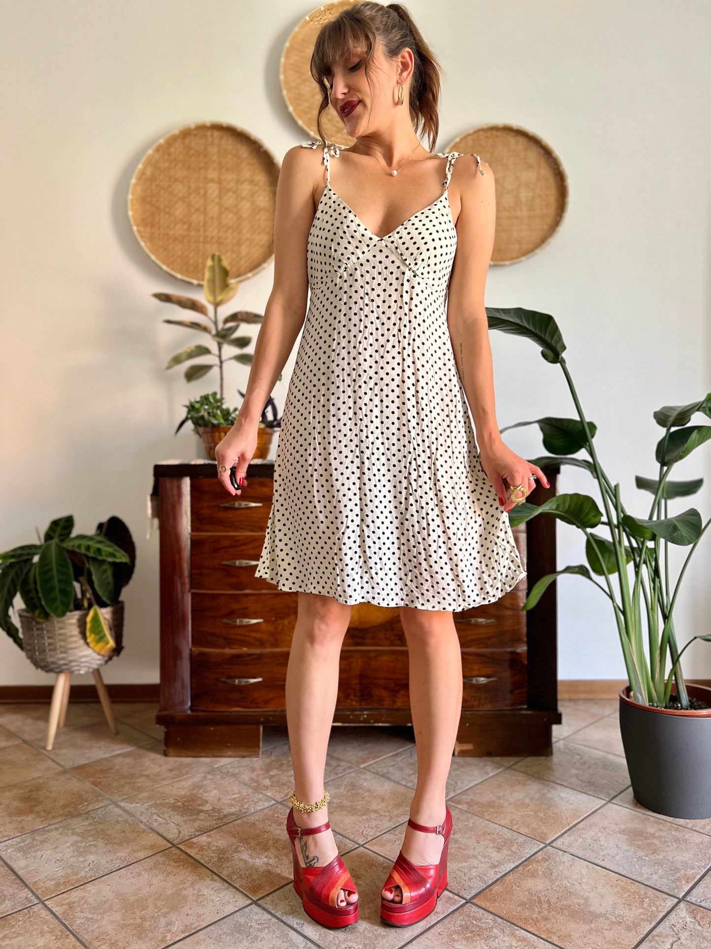1990's vintage cream midi sun dress with black polkadots