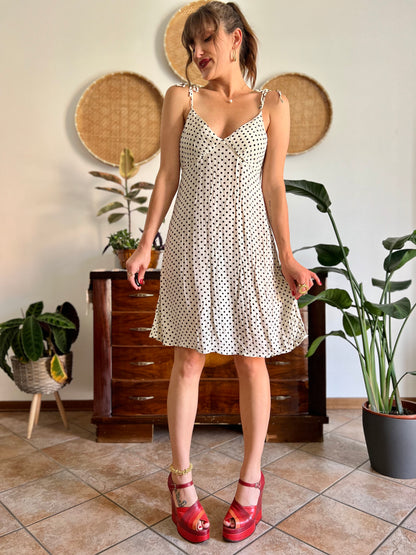 1990's vintage cream midi sun dress with black polkadots