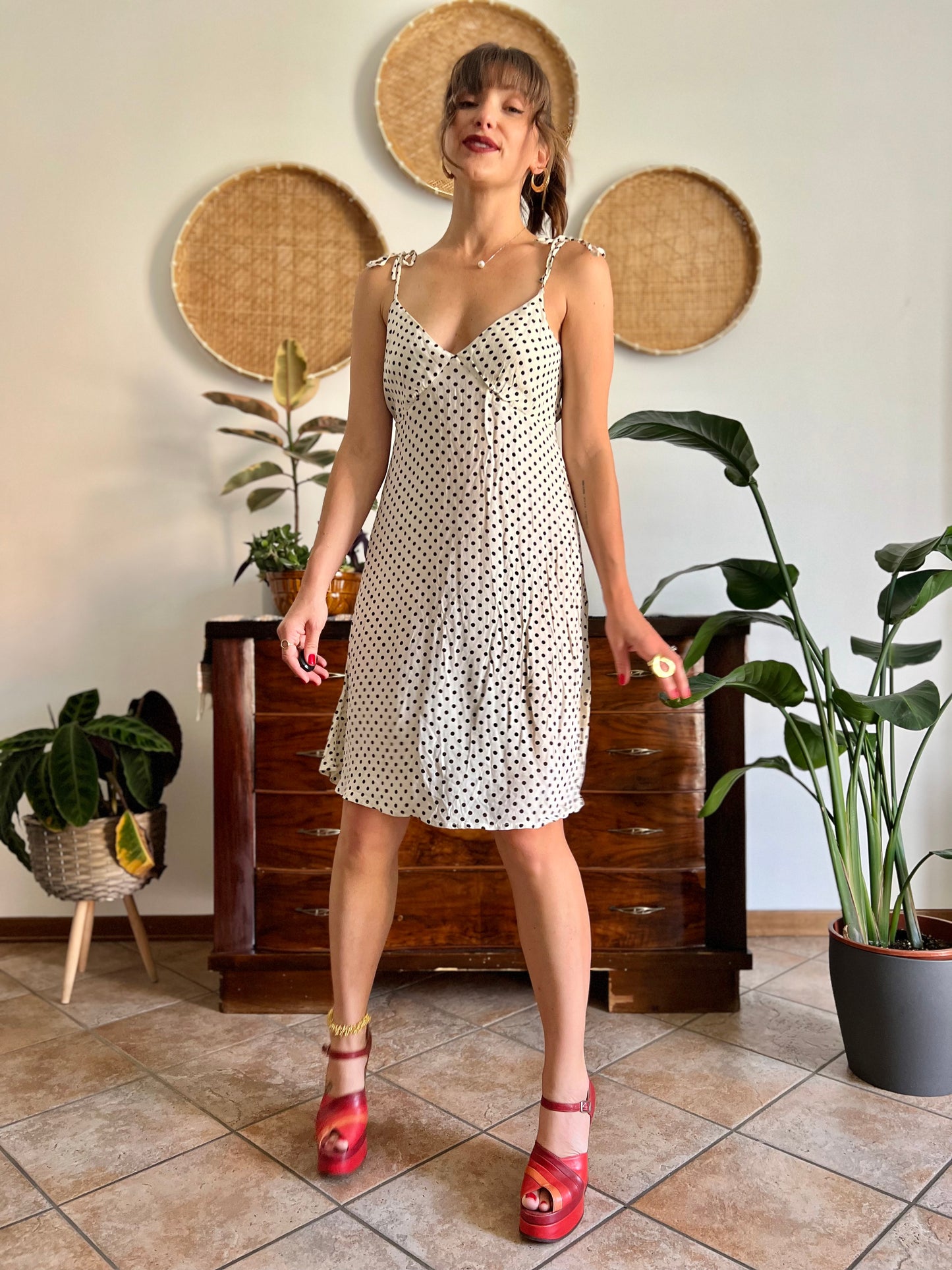 1990's vintage cream midi sun dress with black polkadots