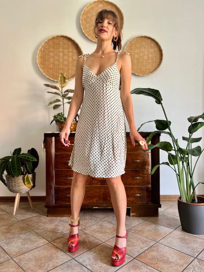 1990's vintage cream midi sun dress with black polkadots