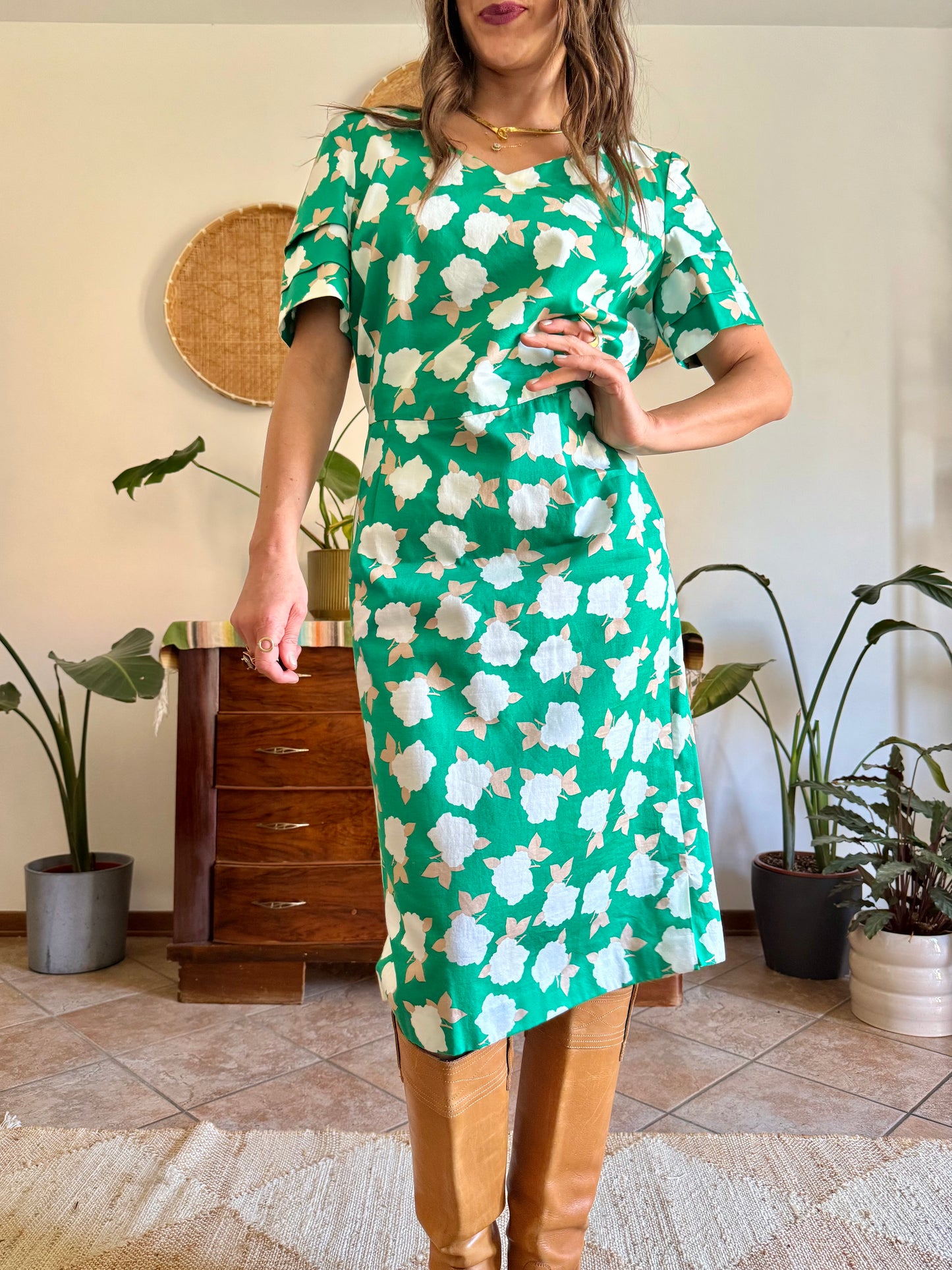 1960's vintage green, cream and beige floral print midi dress