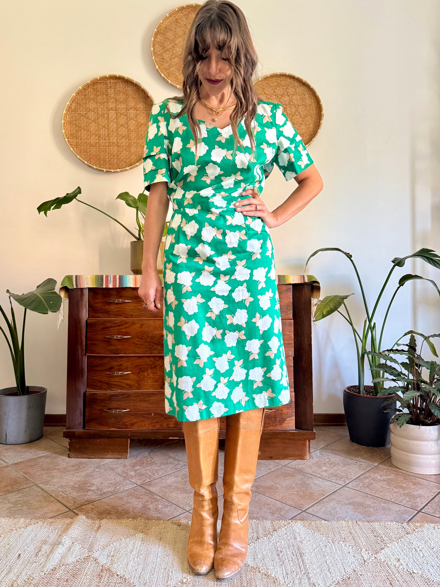 1960's vintage green, cream and beige floral print midi dress