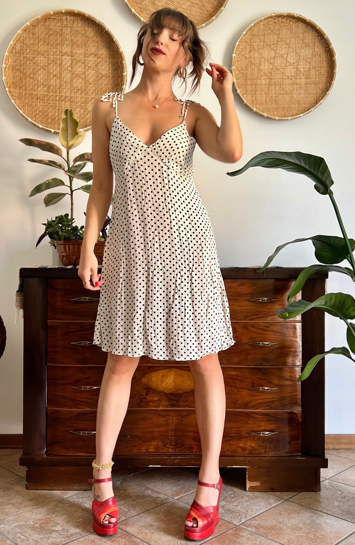1990's vintage cream midi sun dress with black polkadots