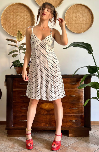 1990's vintage cream midi sun dress with black polkadots
