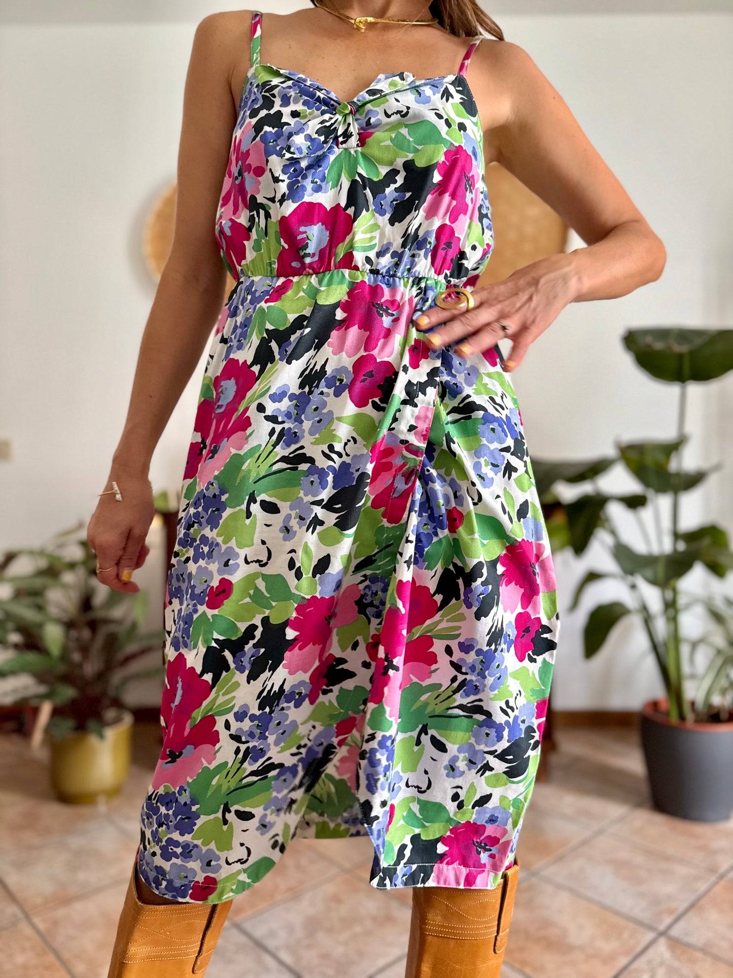 1970's vintage fuchsia, blue and green floral midi dress with bow detail