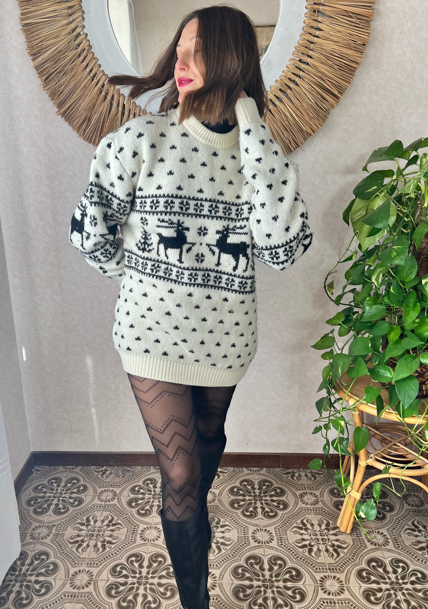 1980's vintage black and cream oversize reindeer wool knit pullover