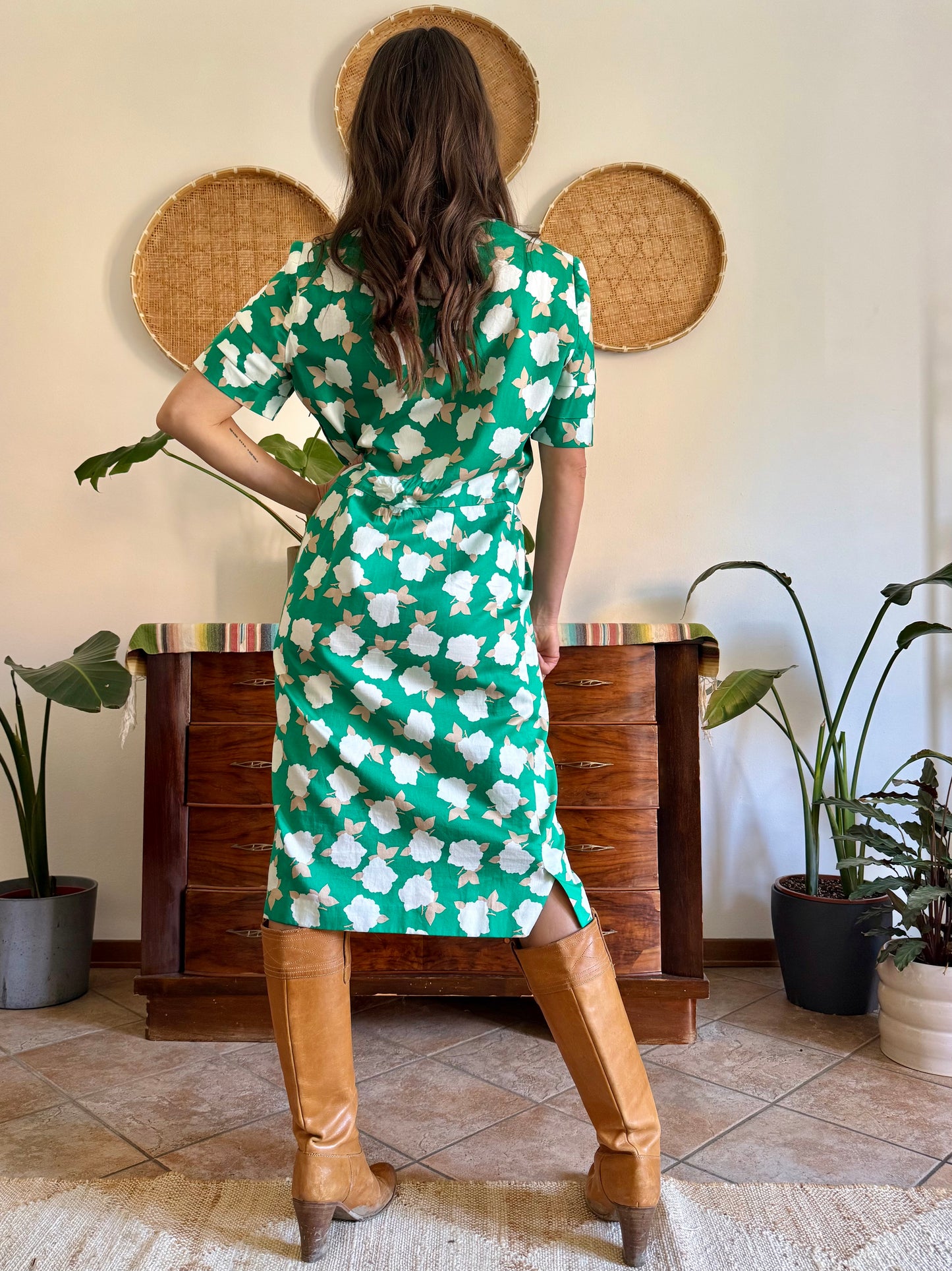 1960's vintage green, cream and beige floral print midi dress