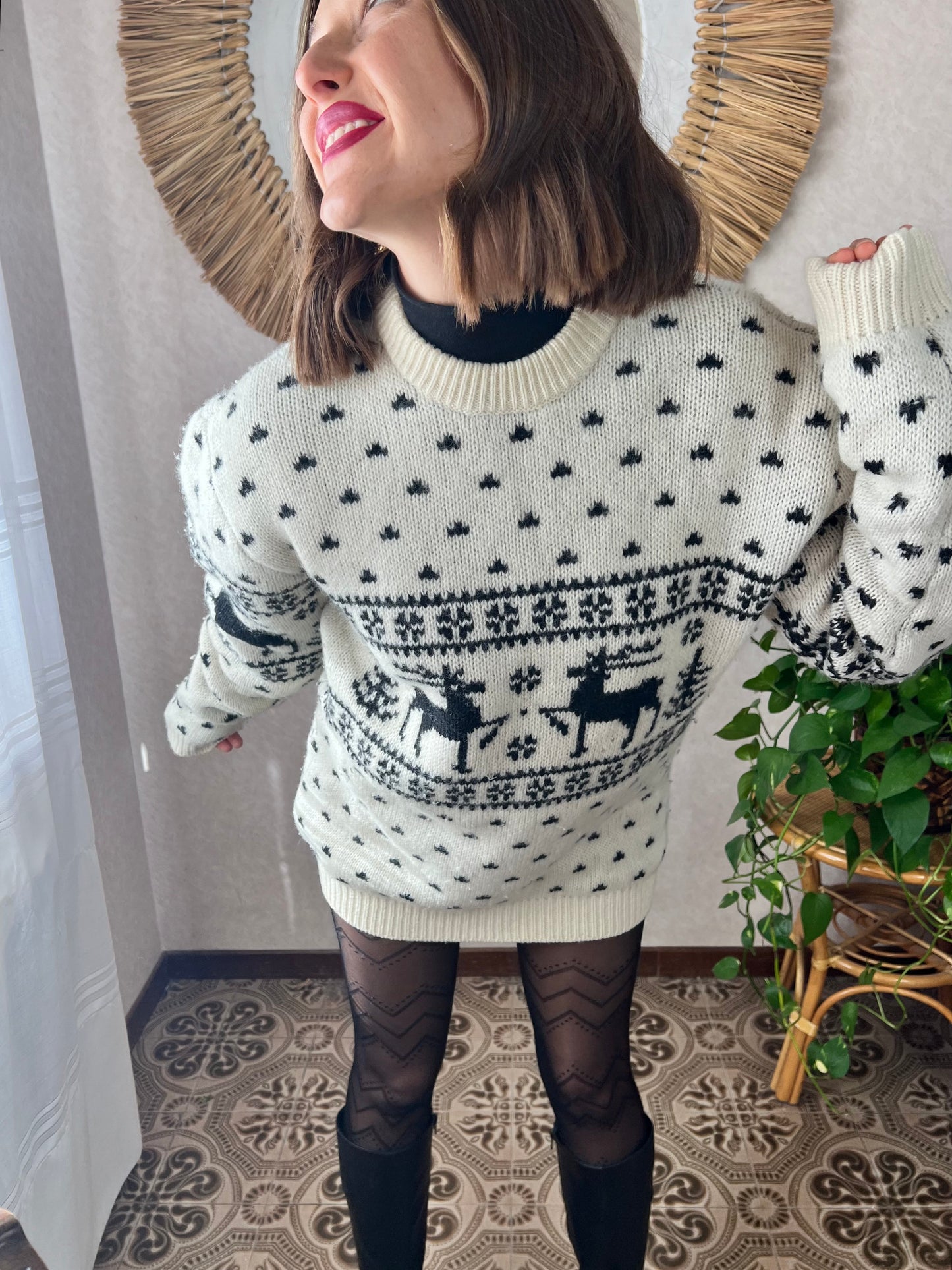 1980's vintage black and cream oversize reindeer wool knit pullover