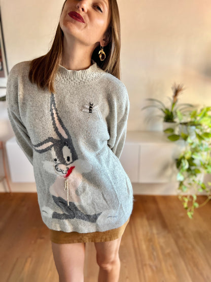 1980's vintage angora blend grey pullover with bunny rabbit