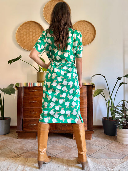 1960's vintage green, cream and beige floral print midi dress