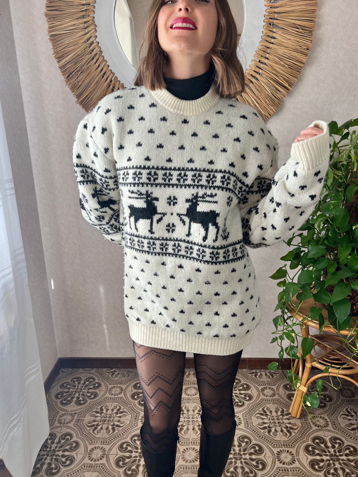 1980's vintage black and cream oversize reindeer wool knit pullover