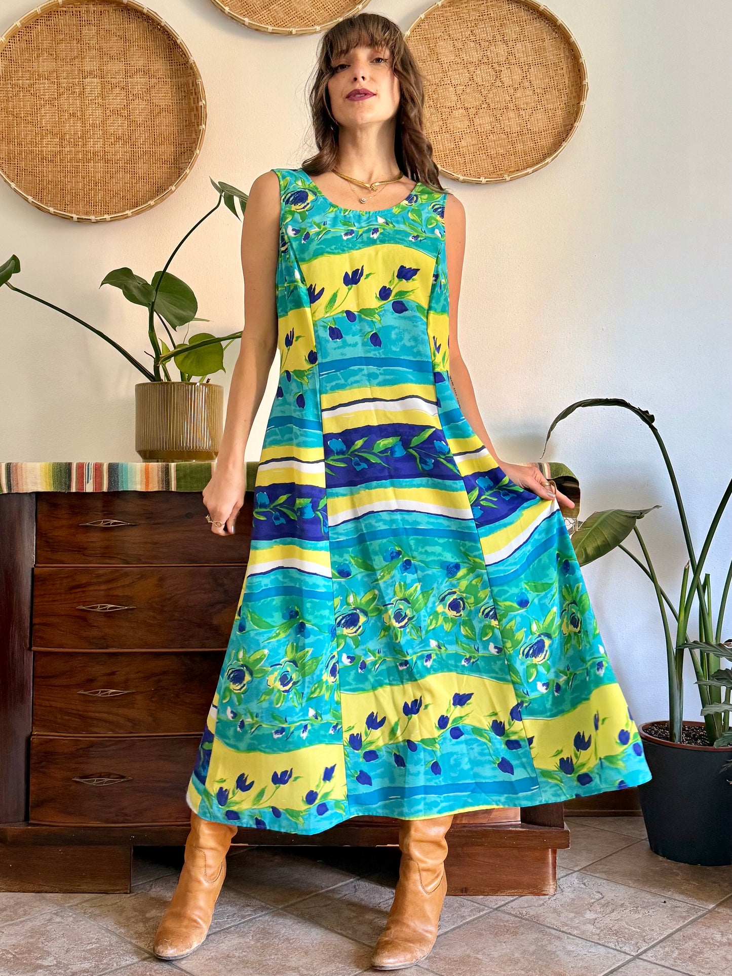 1990's vintage turquoise, yellow and green floral print maxi dress.