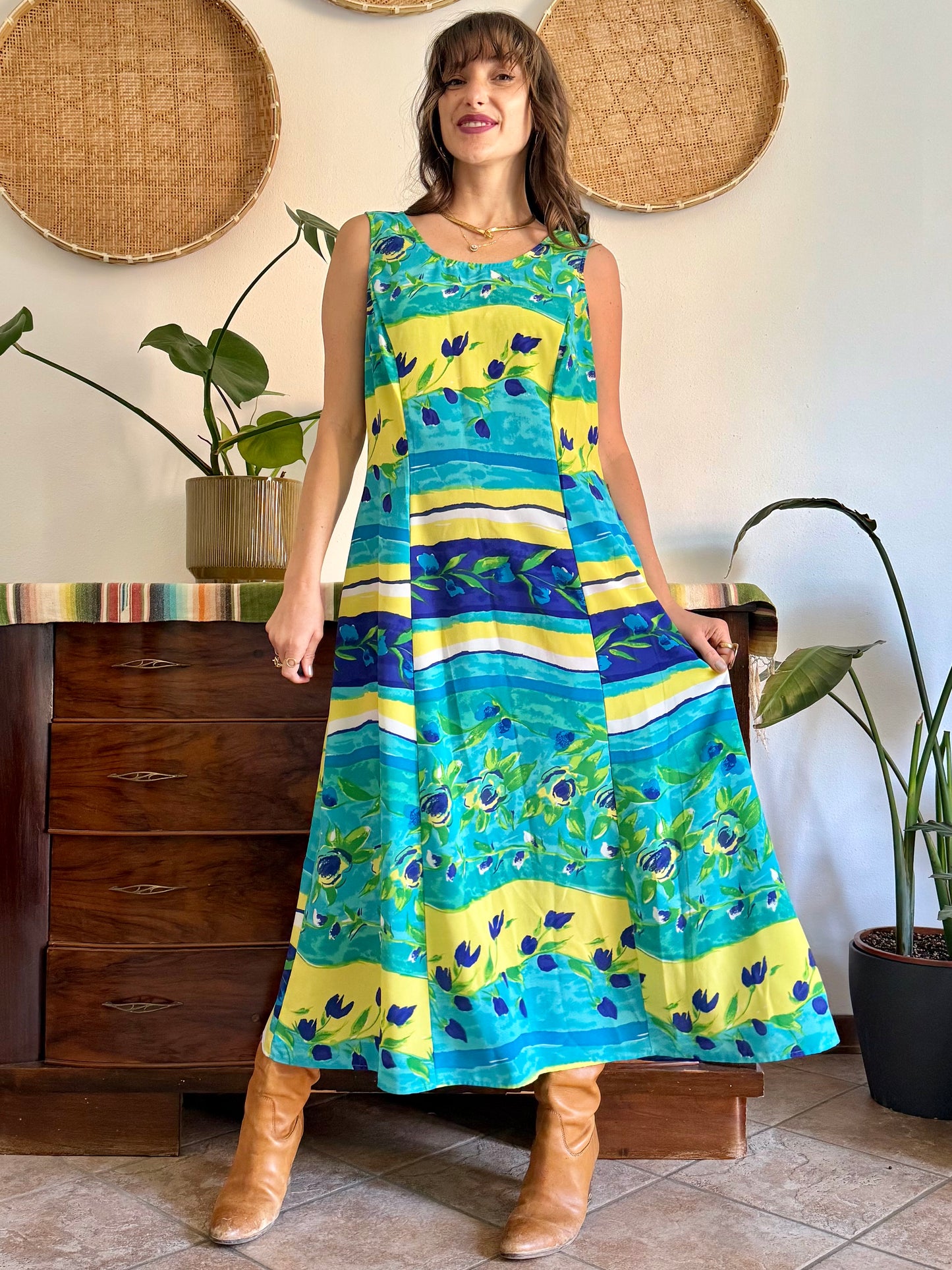 1990's vintage turquoise, yellow and green floral print maxi dress.