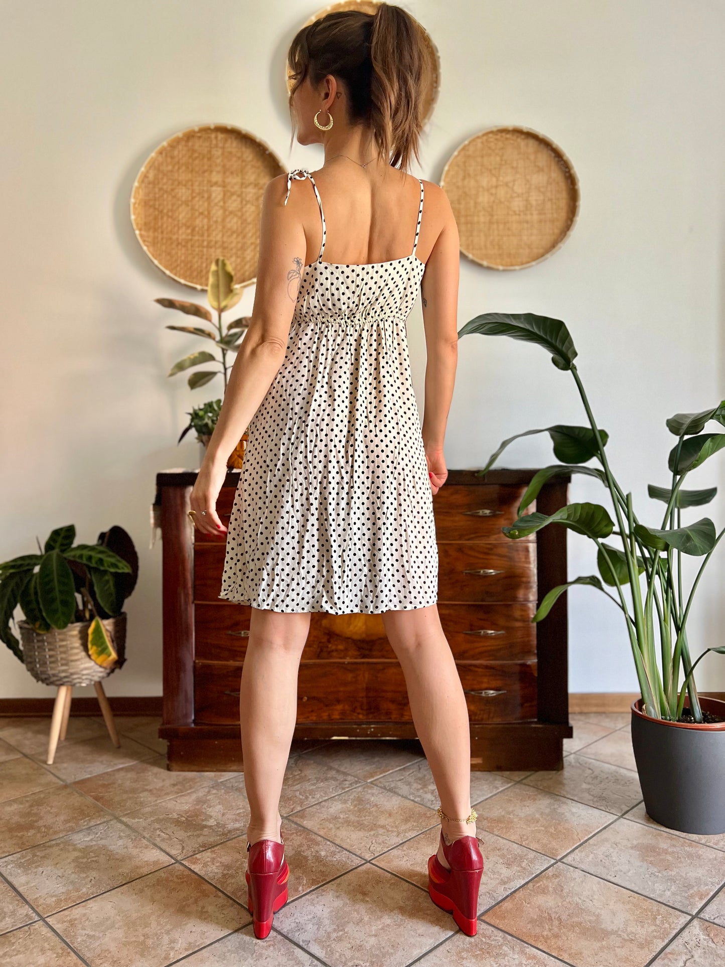 1990's vintage cream midi sun dress with black polkadots