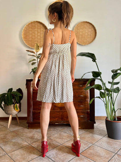 1990's vintage cream midi sun dress with black polkadots