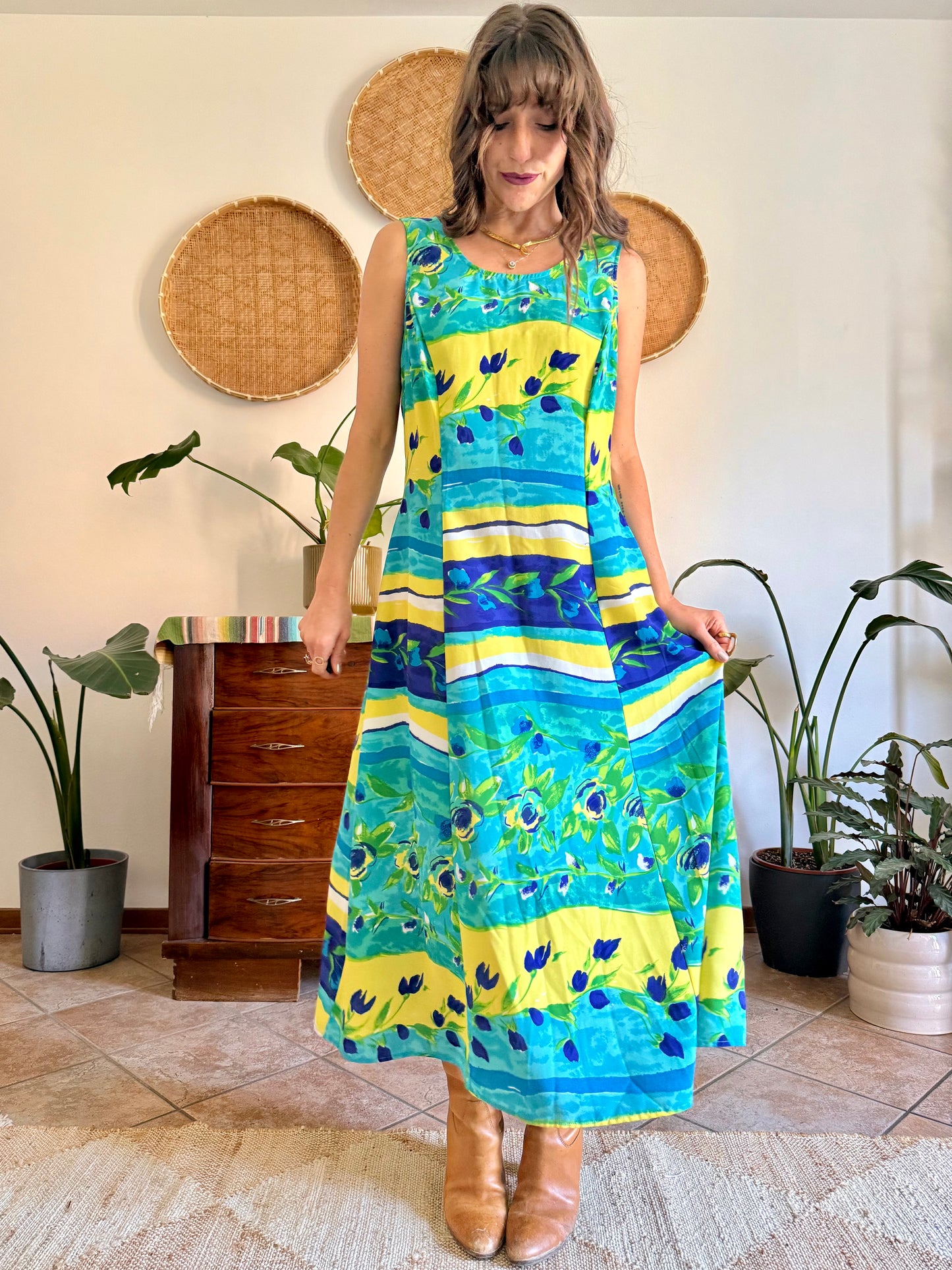 1990's vintage turquoise, yellow and green floral print maxi dress.