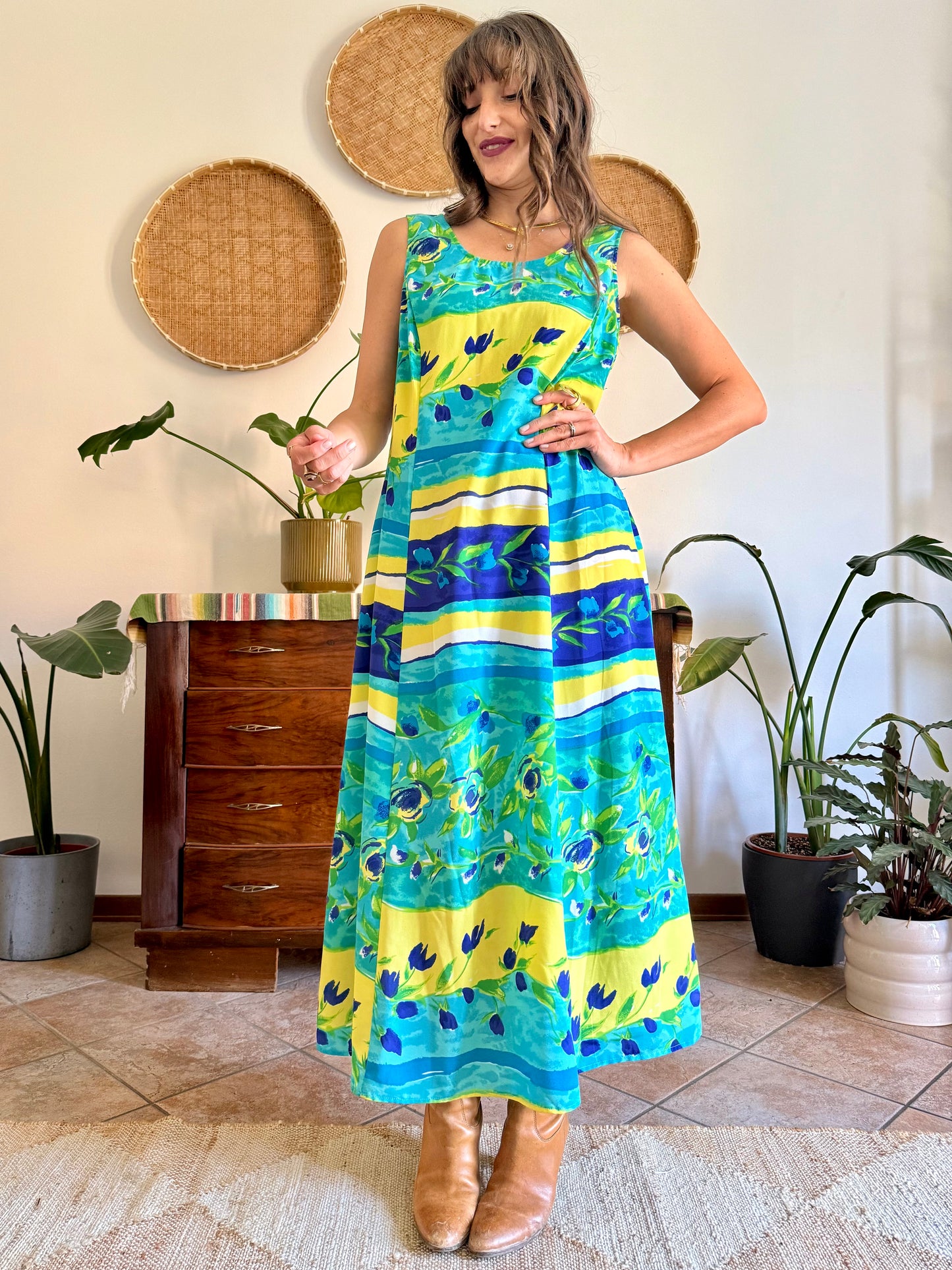 1990's vintage turquoise, yellow and green floral print maxi dress.