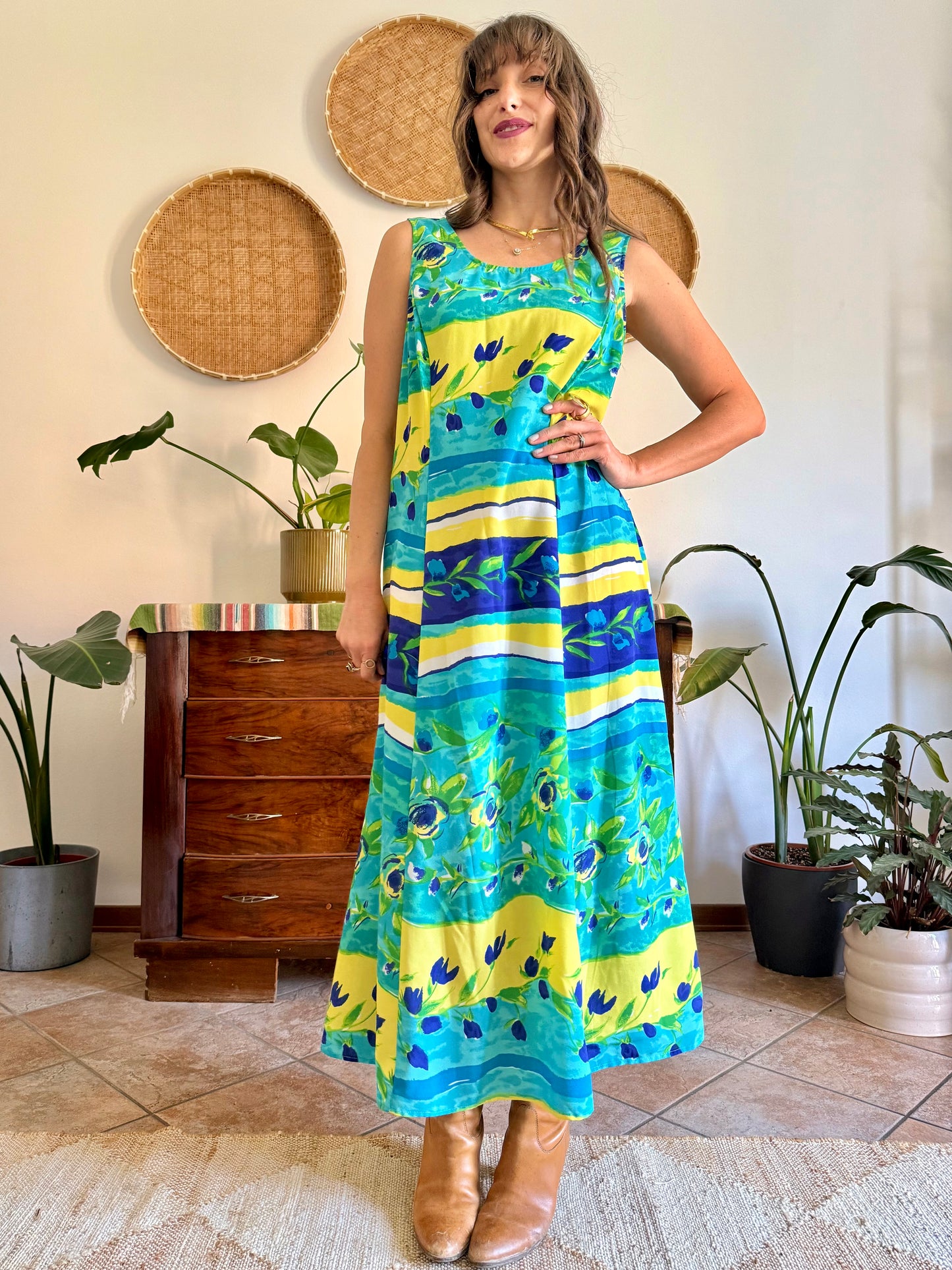 1990's vintage turquoise, yellow and green floral print maxi dress.