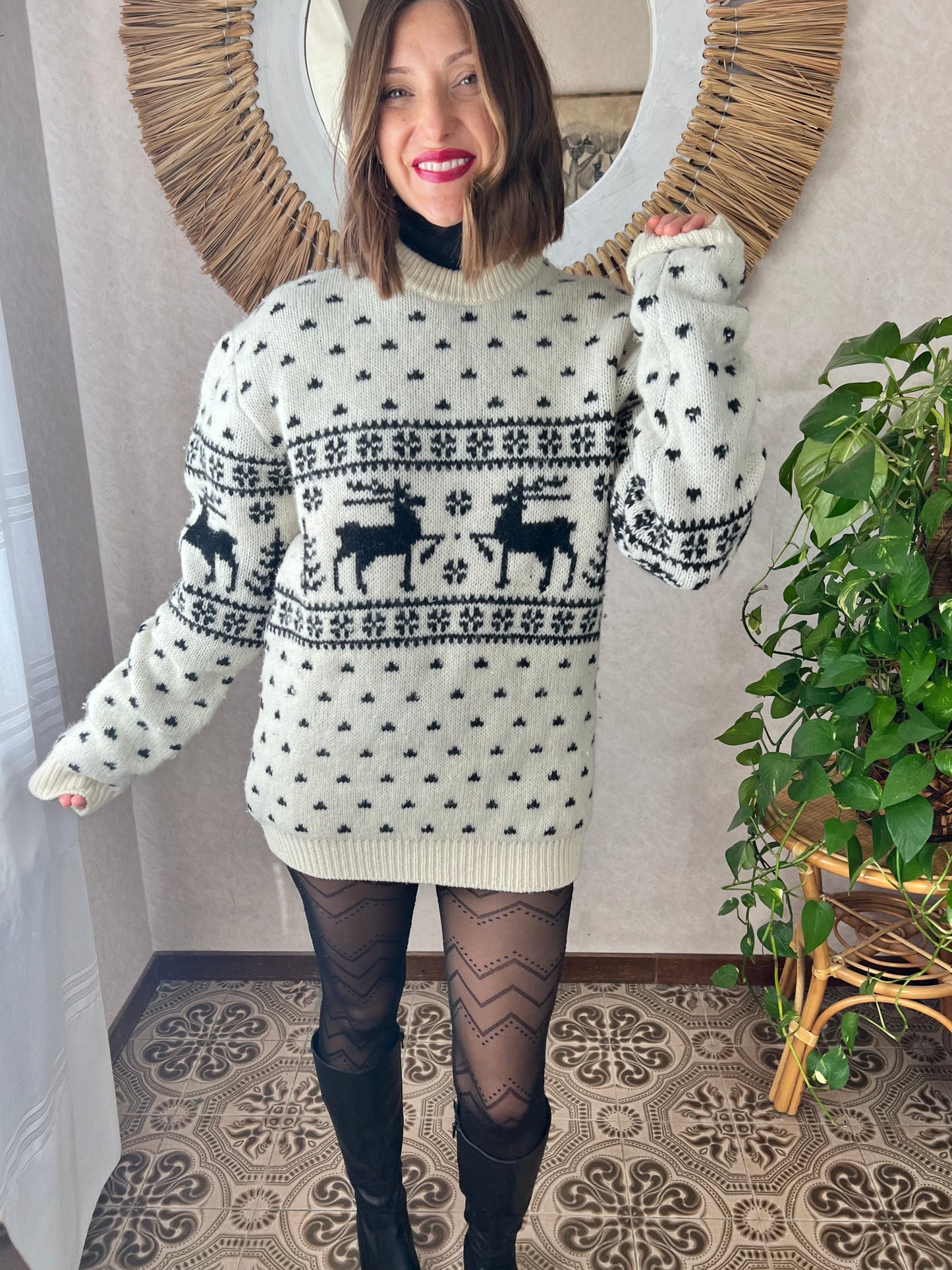 1980's vintage black and cream oversize reindeer wool knit pullover