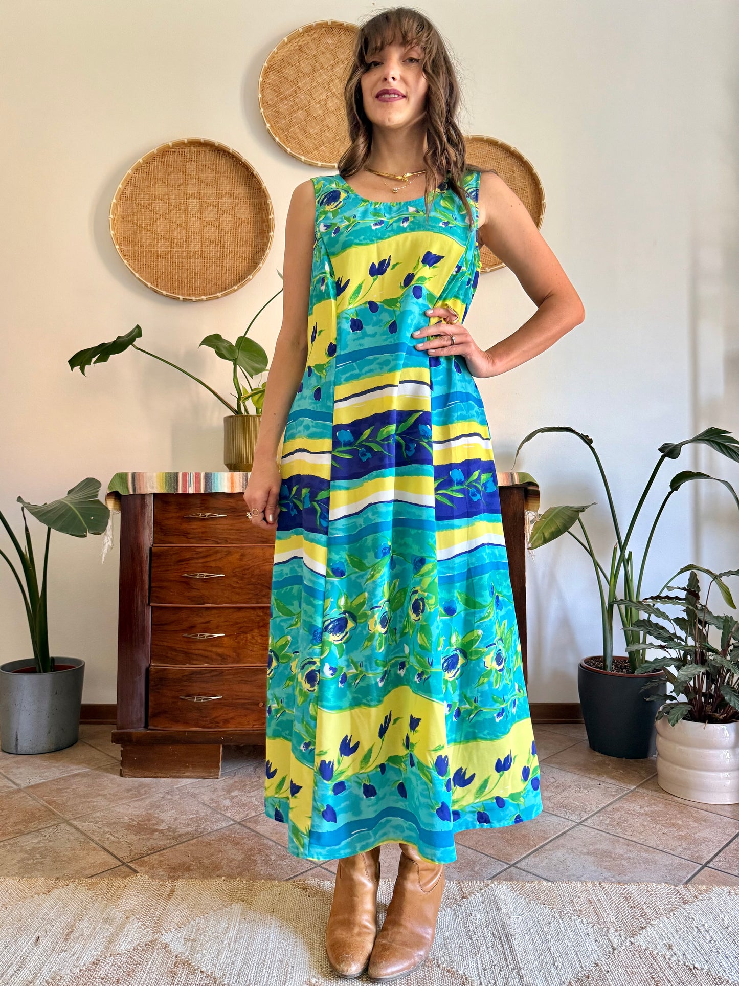 1990's vintage turquoise, yellow and green floral print maxi dress.
