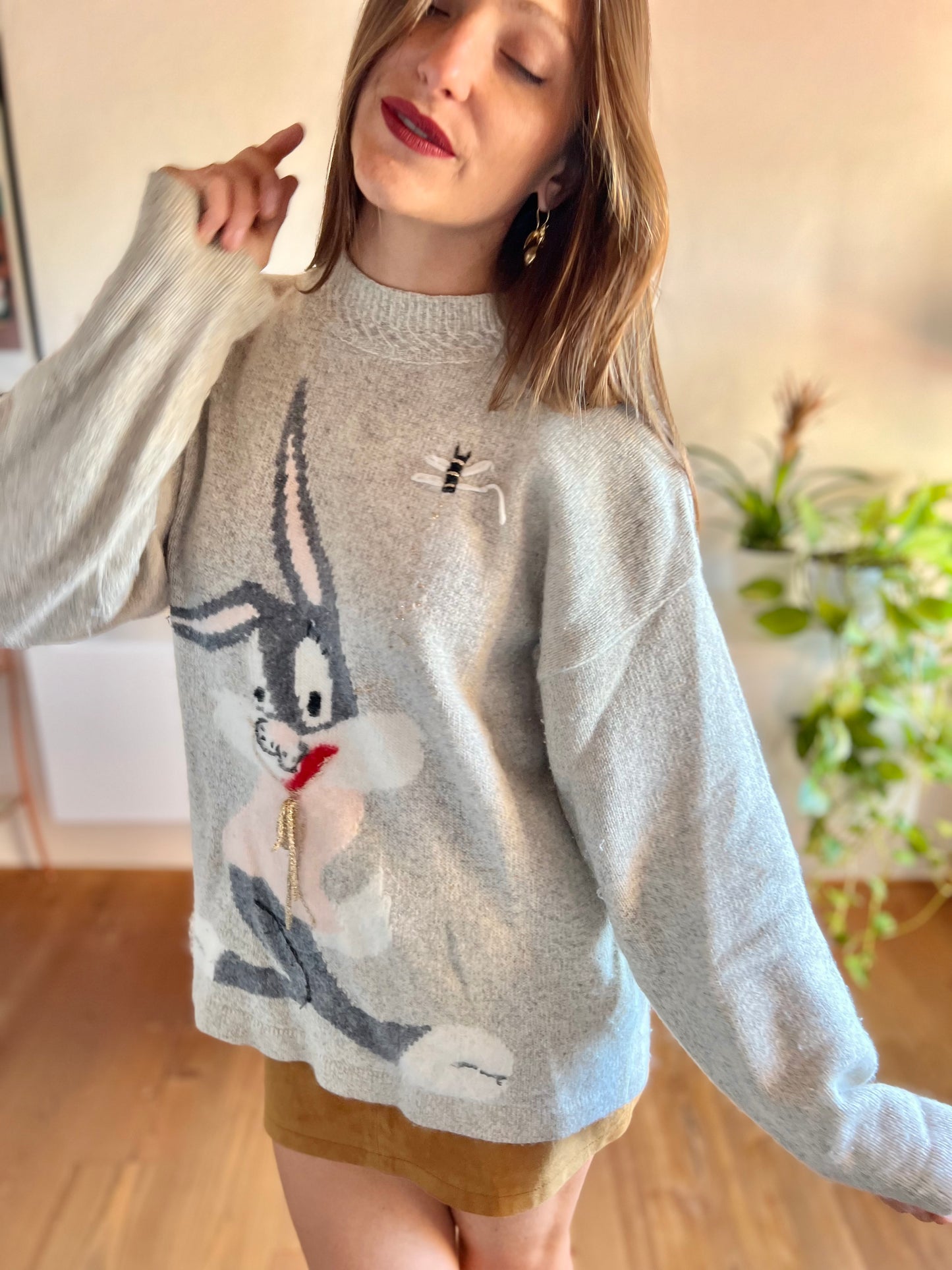 1980's vintage angora blend grey pullover with bunny rabbit