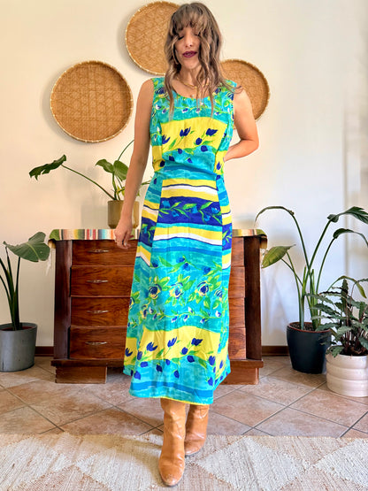 1990's vintage turquoise, yellow and green floral print maxi dress.