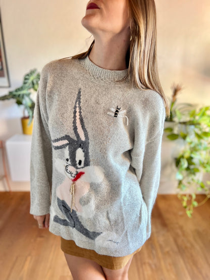 1980's vintage angora blend grey pullover with bunny rabbit