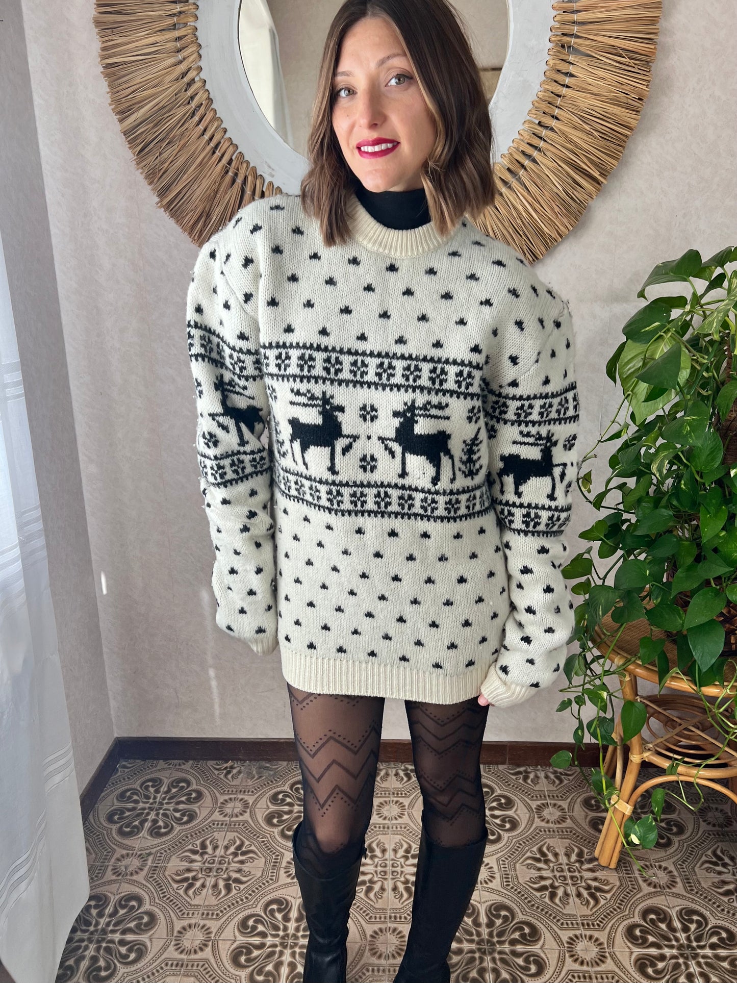 1980's vintage black and cream oversize reindeer wool knit pullover