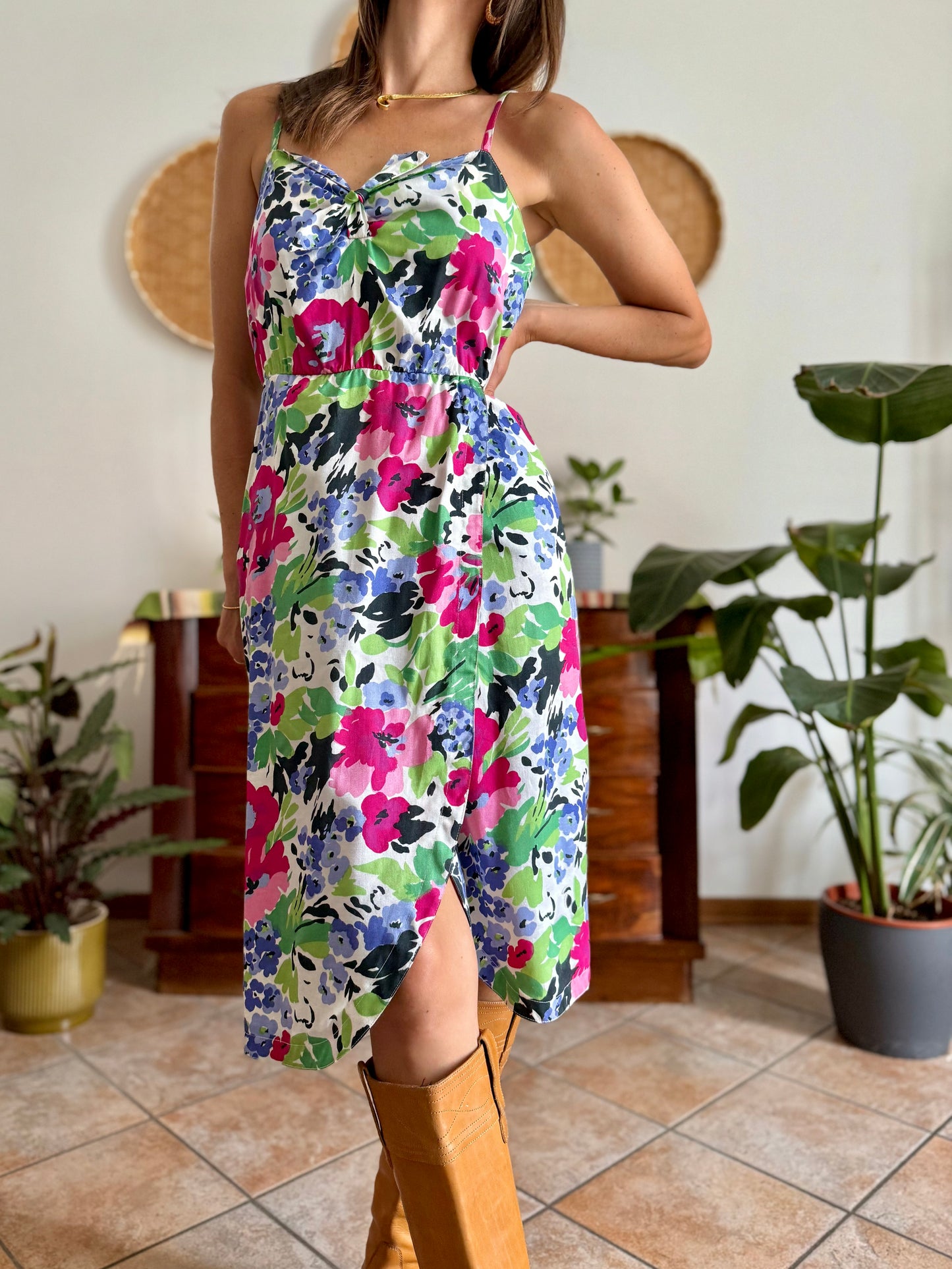 1970's vintage fuchsia, blue and green floral midi dress with bow detail