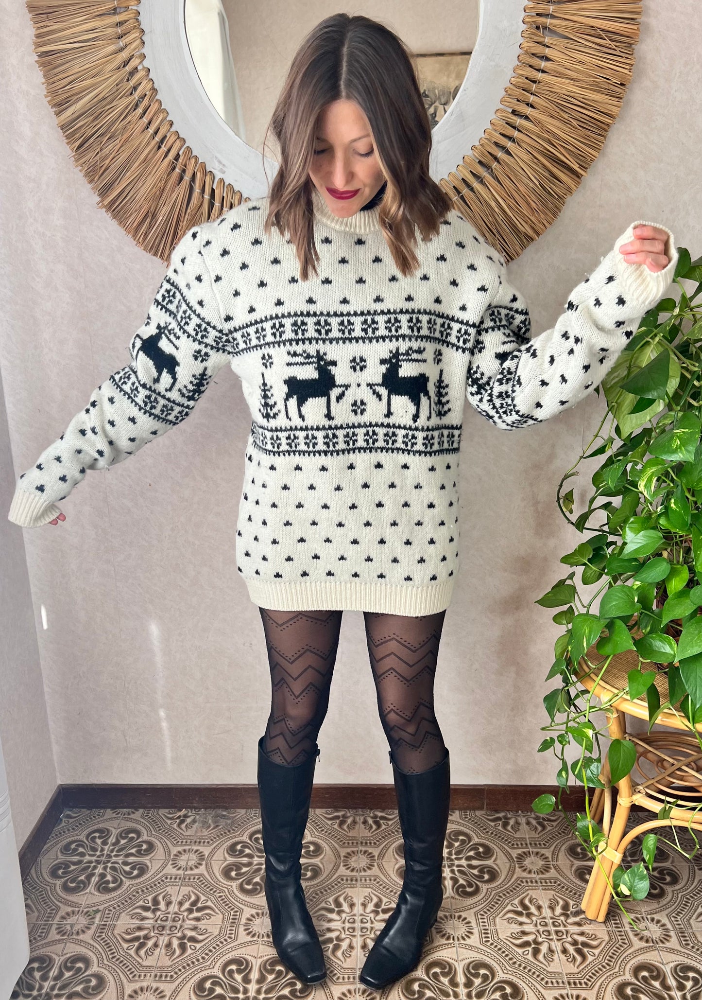 1980's vintage black and cream oversize reindeer wool knit pullover