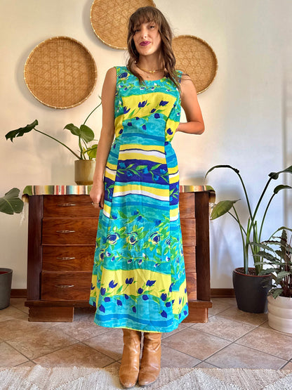 1990's vintage turquoise, yellow and green floral print maxi dress.