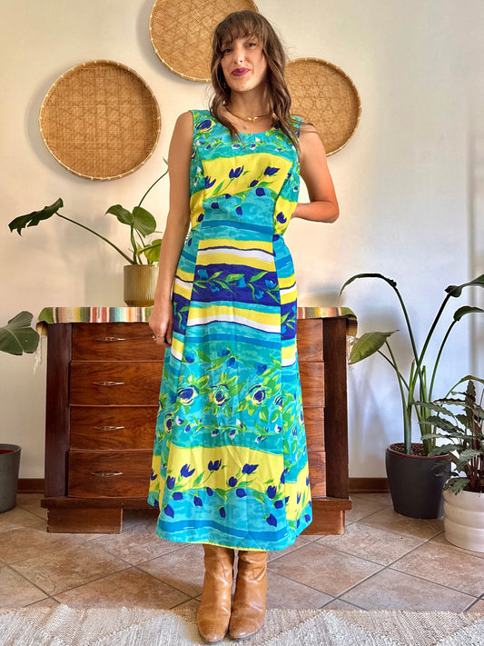 1990's vintage turquoise, yellow and green floral print maxi dress.