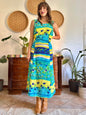 1990's vintage turquoise, yellow and green floral print maxi dress.