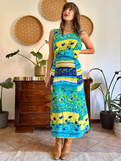 1990's vintage turquoise, yellow and green floral print maxi dress.