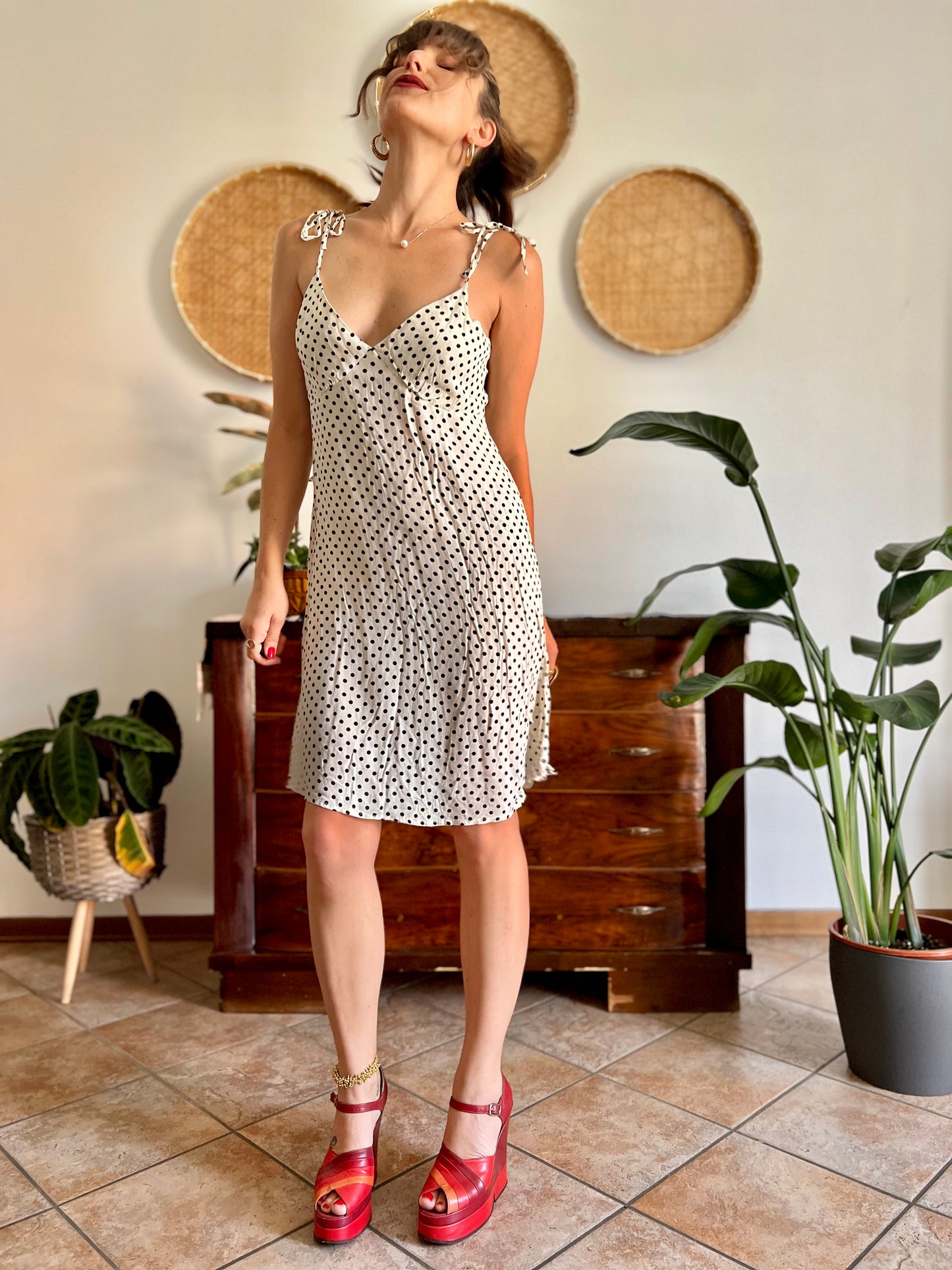 1990's vintage cream midi sun dress with black polkadots
