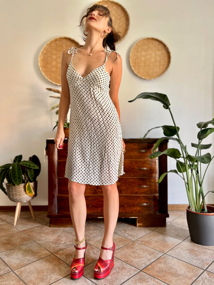1990's vintage cream midi sun dress with black polkadots