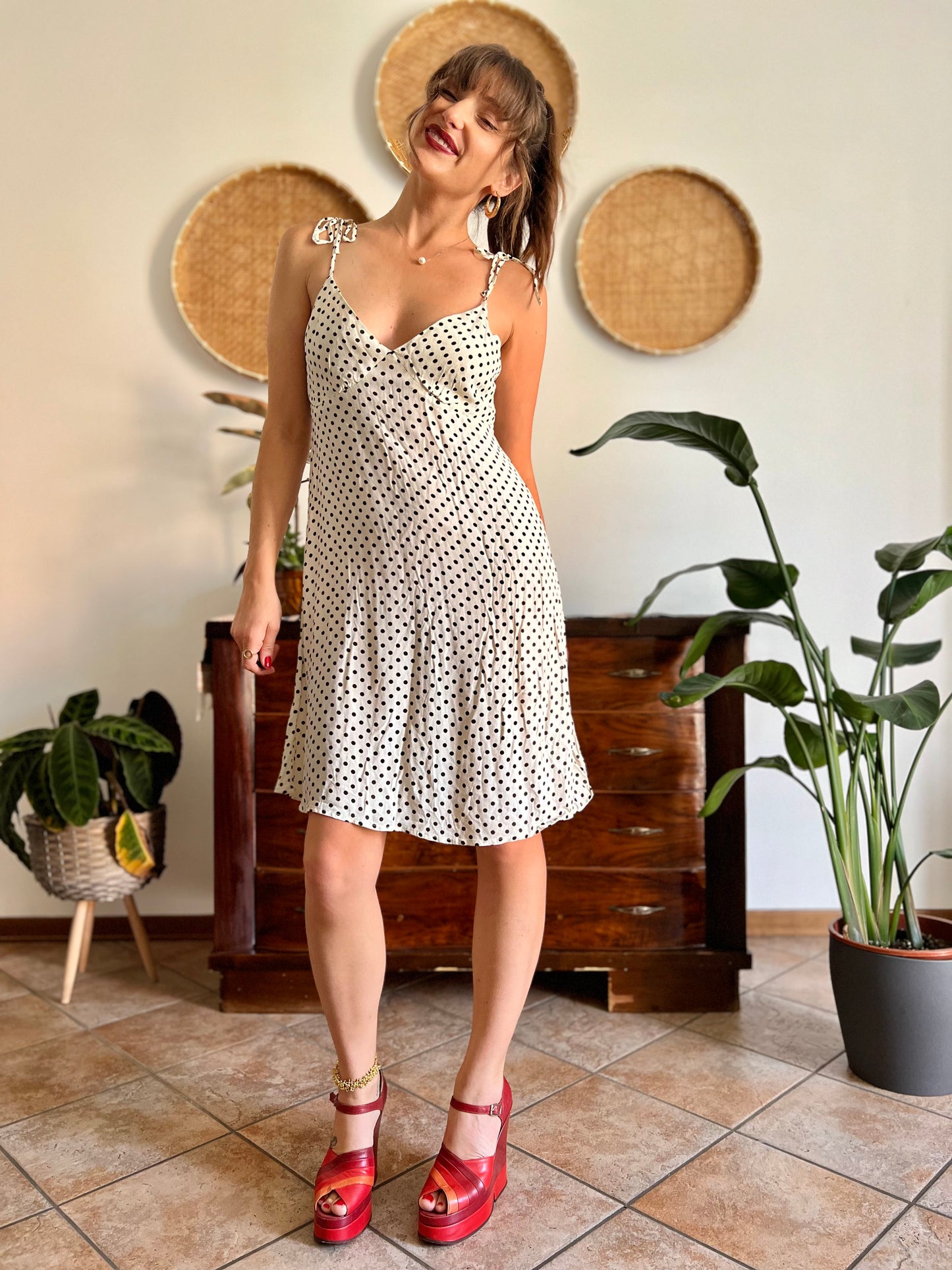 1990's vintage cream midi sun dress with black polkadots