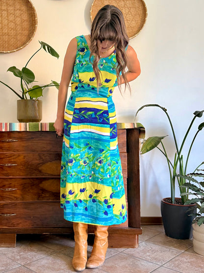 1990's vintage turquoise, yellow and green floral print maxi dress.