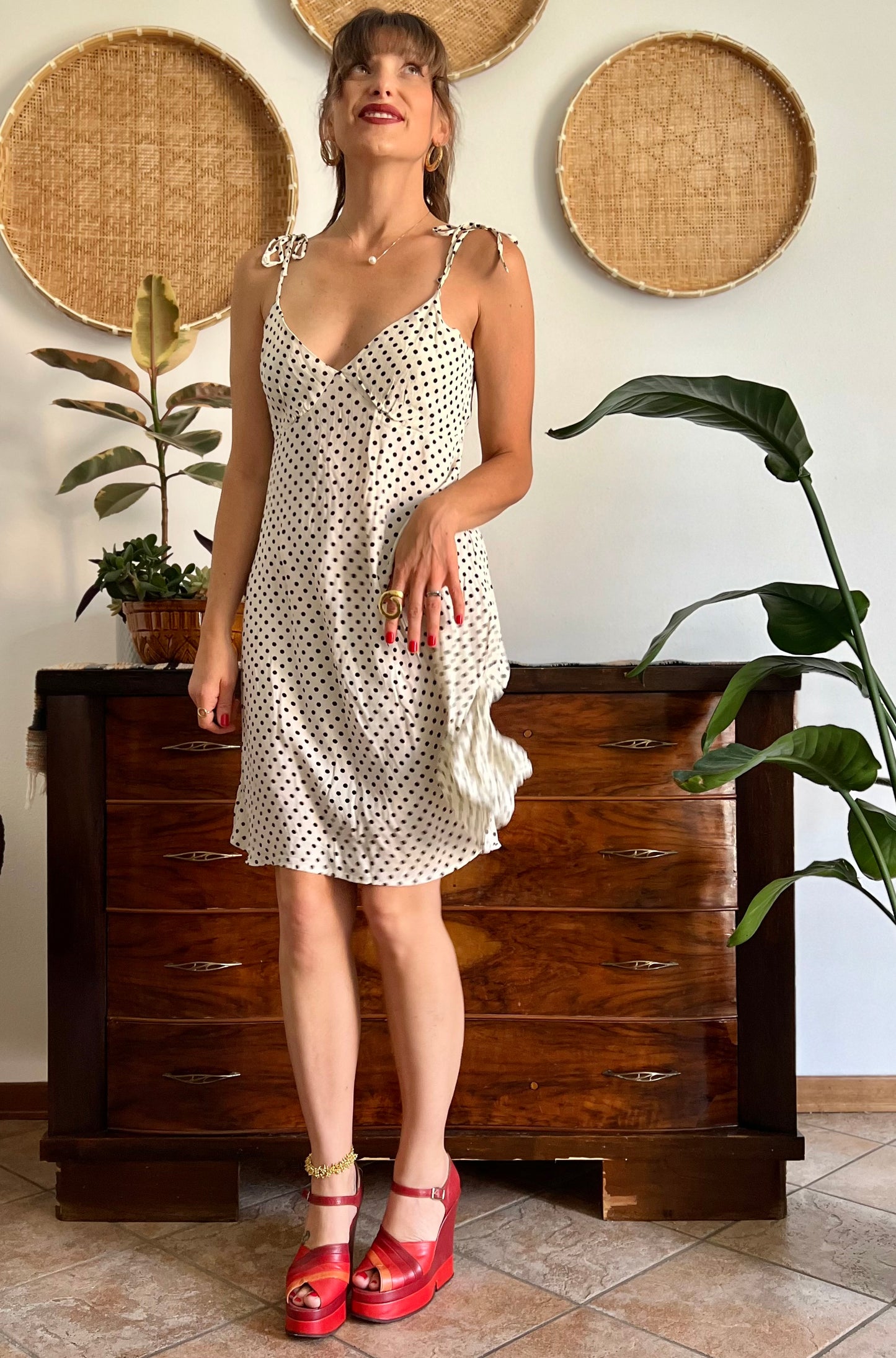 1990's vintage cream midi sun dress with black polkadots